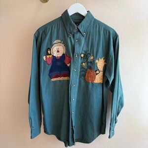 Vintage Port Authority Green Button-Up Shirt Embroidered Fall Scarecrow Size M